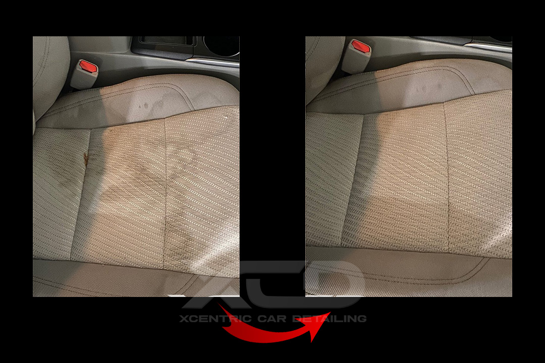 Before and after image showing professional car seat stain removal and upholstery detailing by Xcentric Car Detailing