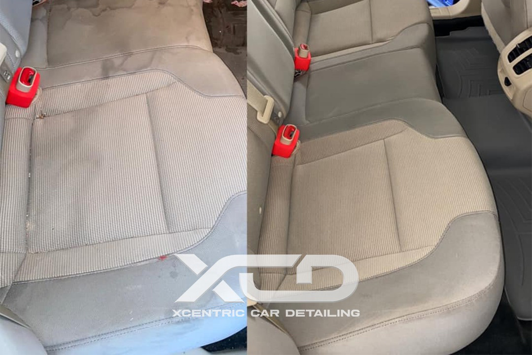Before and after image of car seat upholstery cleaning and interior detailing by Xcentric Car Detailing